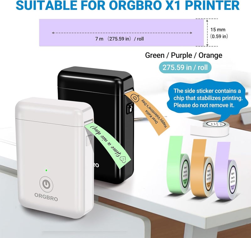ARGBROW X1 Label Maker Tape, Genuine Thermal Label Print Paper 0.59"×275.6"(15mm×7m), Standard Laminated Office Labeling Tape Replacement, 3-Roll, Green/Purple/Orange - Image 2